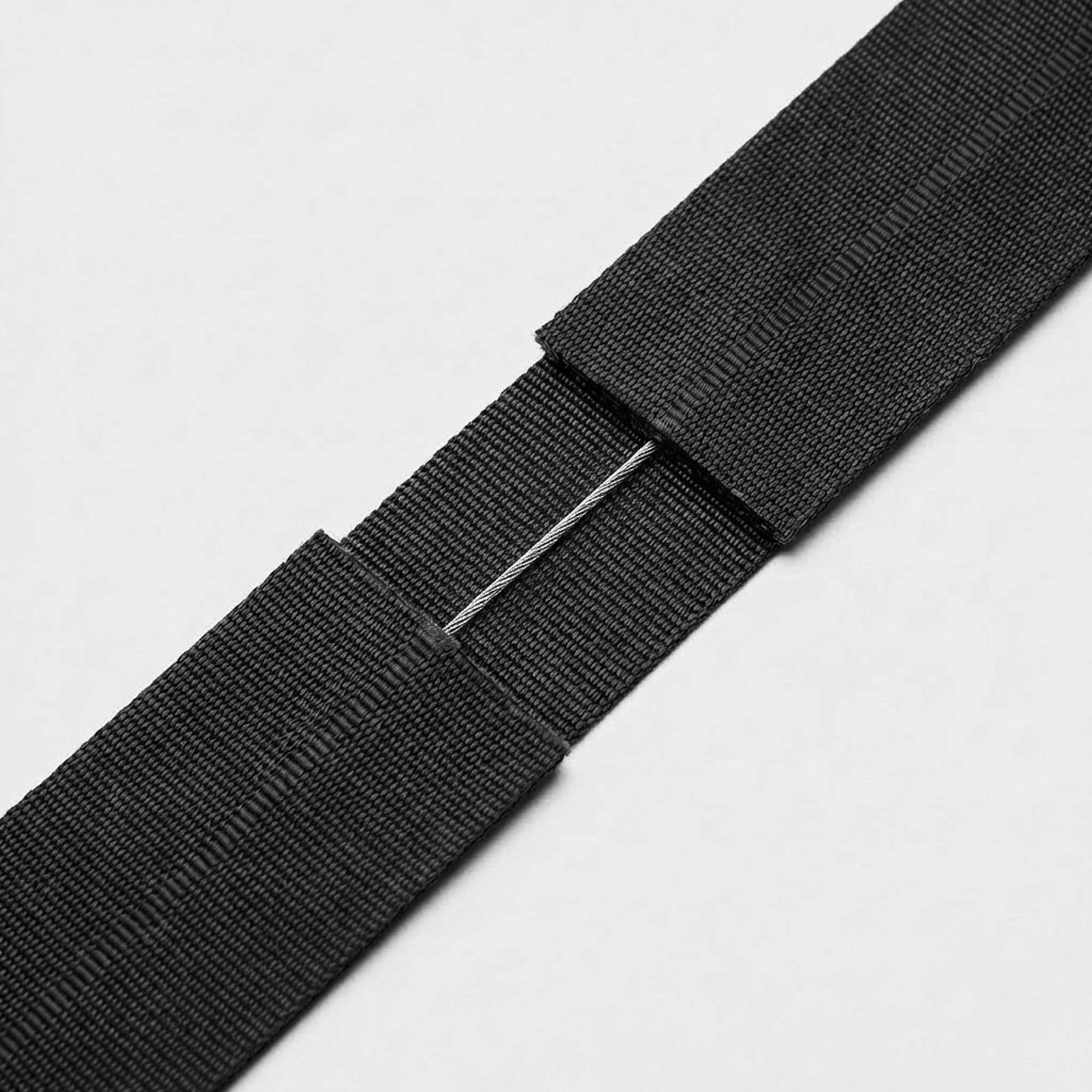 Close-up of the cut-proof steel cable inside the sling bag strap