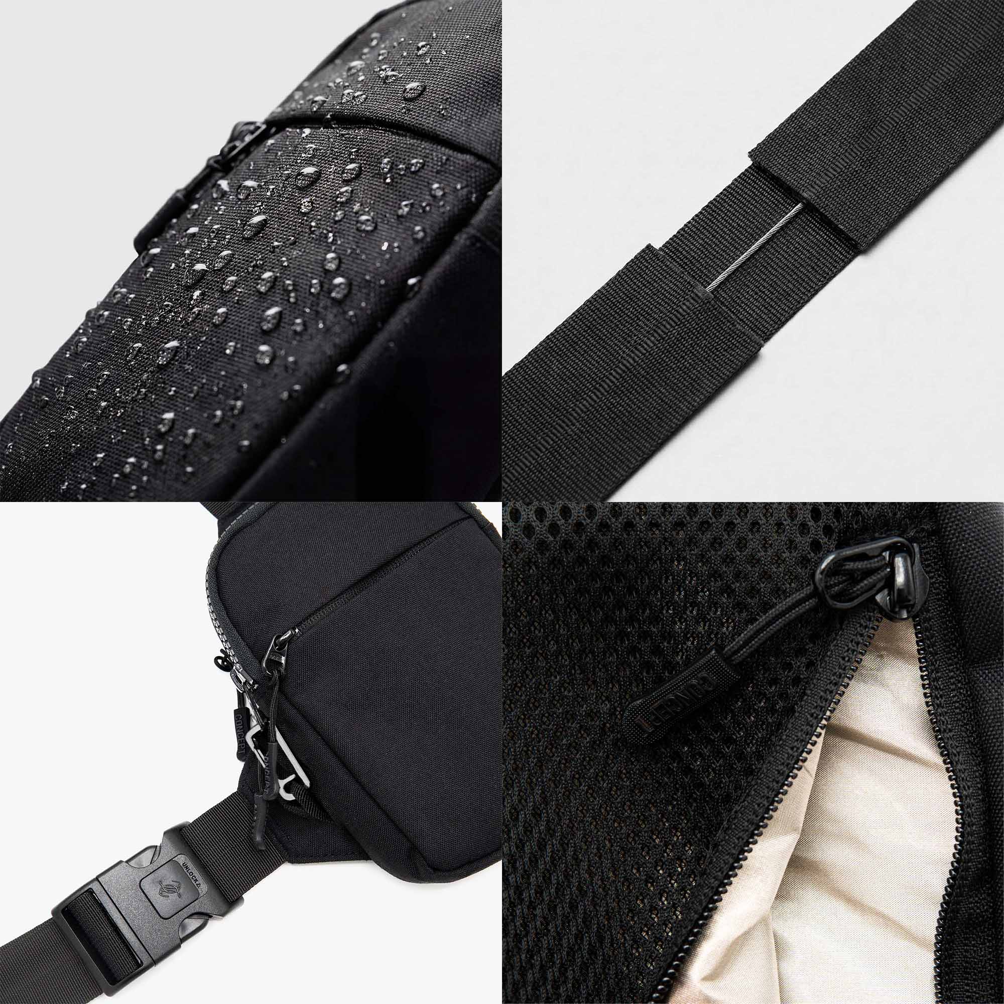 Lockable zippers and three-point buckle on the Travel Sling Bag 2.0