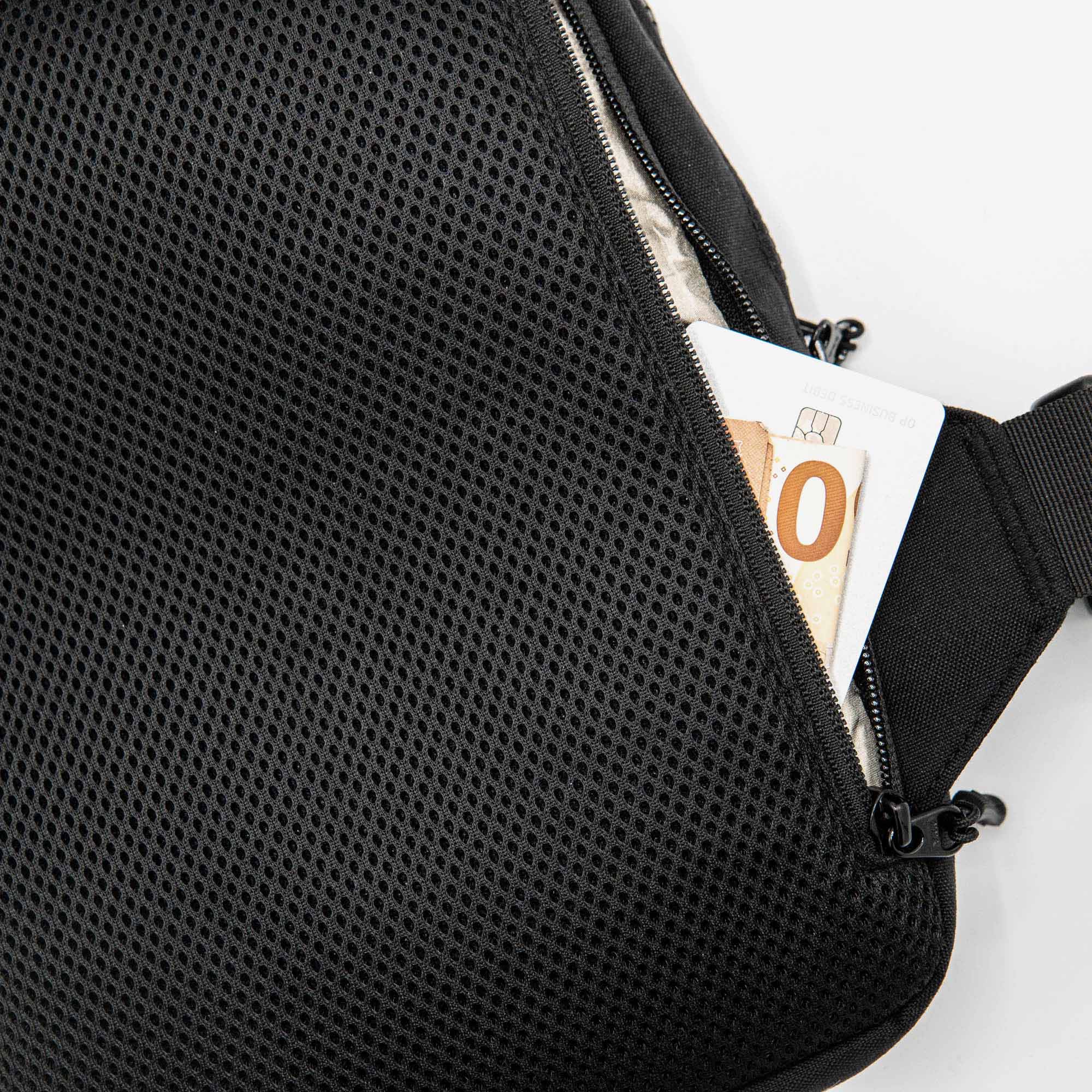 Hidden back pocket of the sling bag, worn against the body